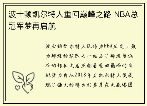 波士顿凯尔特人重回巅峰之路 NBA总冠军梦再启航