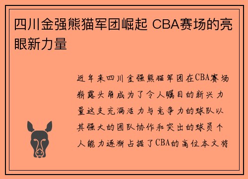 四川金强熊猫军团崛起 CBA赛场的亮眼新力量
